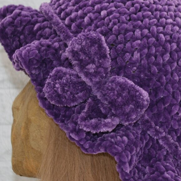 HAND CRAFTED Hat Crochet Bucket Chenille Winter Medium Ruffle Wide Brim Purple - Picture 2 of 12